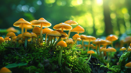 A cluster of golden mushrooms grows on a vibrant green moss-covered log in a sun-dappled forest. The soft light creates a magical, ethereal atmosphere.の素材