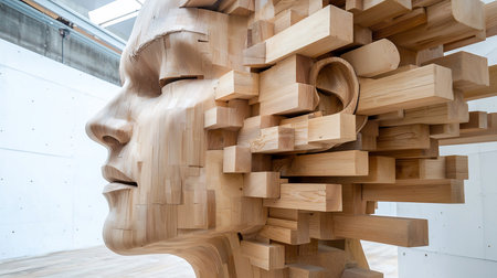 Abstract wooden sculpture of a human face in profile, constructed from light-colored wood blocks. The deconstructed design creates a unique, modern artistic expression.の素材