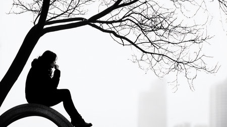 A solitary woman sits in silhouette beneath a stark, bare tree, lost in thought. The monochrome palette enhances the mood of introspection and quiet contemplation.の素材
