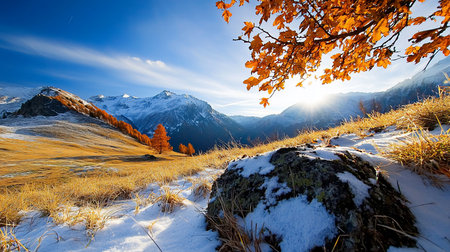 A scenic view of an alpine landscape in autumn, featuring a snow-dusted rock, golden grass, and distant snow-capped mountains under a bright blue sky with golden leaves.の素材