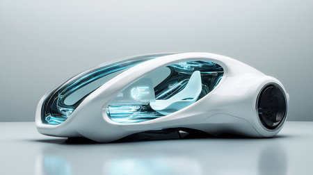 Sleek, futuristic autonomous vehicle concept featuring a transparent shell, a minimalist interior with a single seat, and glowing blue accents, set against a neutral background.の素材