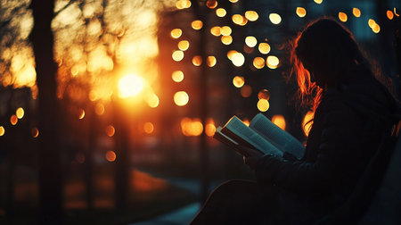 A silhouetted woman reads a book outdoors at night, illuminated by warm bokeh lights. The scene evokes a sense of peace, solitude, and the joy of reading.の素材