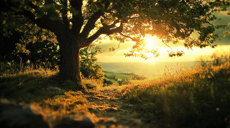 A sun-drenched path leads towards a radiant sunset, framed by a large tree and golden grass. The warm light creates a serene, idyllic landscape scene.の素材