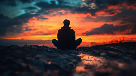 A lone figure sits in meditation, silhouetted against a fiery sunset. The sky is a mix of orange and blue, reflected in the water below. Serene, contemplative mood.の素材