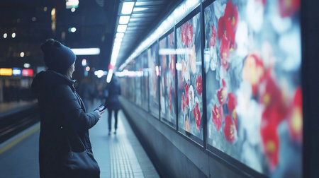 A woman in a winter coat and beanie uses her phone on a subway platform, surrounded by floral art panels, creating a moment of calm amidst the urban bustle.の素材
