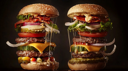 Two stacked burgers with double patties, cheese, bacon, lettuce, tomato, onion, and pickles, dripping with sauce against a dark background, creating a mouthwatering food still life.の素材