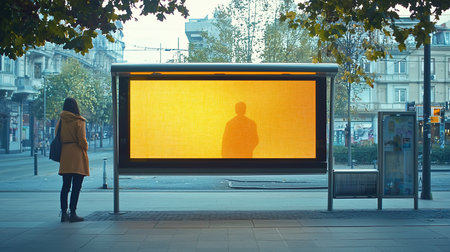 A woman stands at a bus stop, captivated by a bright yellow display featuring a human silhouette, set against an urban backdrop with buildings and trees.の素材