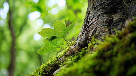A close-up captures a vibrant green leaf emerging from a moss-covered tree trunk. The soft, diffused light enhances the lush, natural setting, creating a serene and peaceful atmosphere.の素材