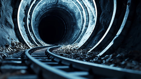 Moody shot of railroad tracks disappearing into a dark tunnel. The tunnel is lined with concrete rings and debris, creating a sense of mystery and abandonment.の素材