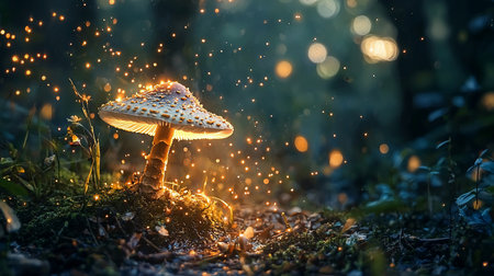 A magical mushroom glows with internal light in a dark forest, surrounded by sparkling fairy lights, creating a whimsical and enchanting atmosphere.の素材