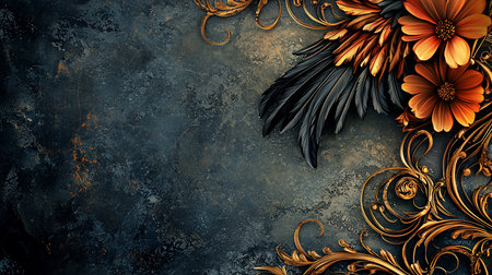A decorative design featuring orange flowers, black feathers, and golden filigree on a textured dark blue and gray background. The composition is rich and detailed, with a luxurious feel.の素材