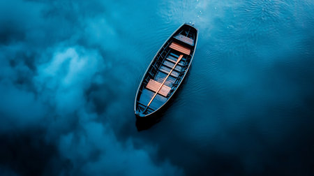 Aerial view of a wooden rowboat with oars resting on a calm, blue lake. The water reflects the sky, creating a serene and peaceful scene.の素材