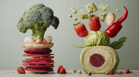 Two towers of deconstructed vegetables and fruits float in a balanced composition. The image features vibrant colors, creative arrangement, and a playful, surreal aesthetic.の素材
