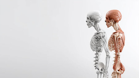 Side view of human skeleton and musculature, showcasing anatomical details. The white skeleton contrasts with the muscle structure, set against a clean white background.の素材