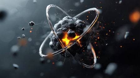 Abstract render of an atomic core with glowing orange energy emanating from within, surrounded by orbiting rings and floating particles against a dark, smoky background.の素材