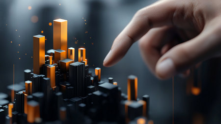A finger interacts with a miniature cityscape of black and gold geometric blocks, creating a futuristic, tech-driven scene with bokeh lights and a sense of innovation.の素材