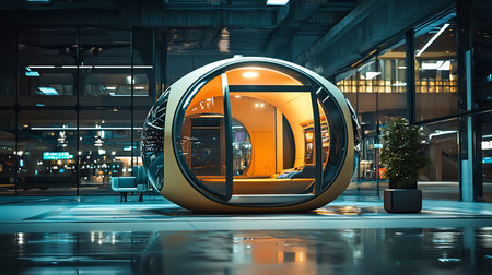 A futuristic, egg-shaped pod with a warm, inviting interior sits in an urban setting. Reflections of city lights shimmer on the wet floor, creating a modern, serene atmosphere.の素材