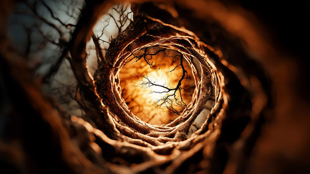 Abstract view looking up through a spiraling tunnel of tree branches, bathed in golden light. The composition creates a sense of depth, mystery, and connection to nature.の素材
