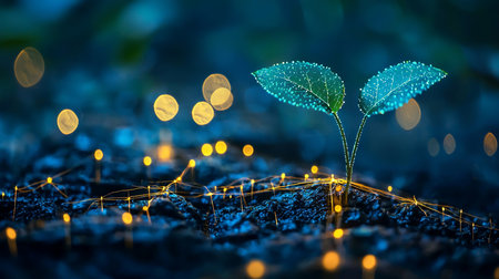 A vibrant digital seedling emerges from dark soil, illuminated by glowing nodes and lines, symbolizing growth, technology, and the interconnectedness of nature and innovation.の素材