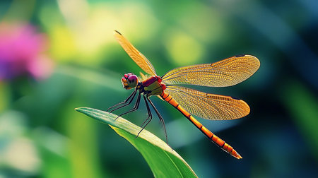 A detailed macro shot of a golden dragonfly perched on a green leaf, showcasing its intricate wing patterns and vibrant orange and red body against a blurred green background.の素材