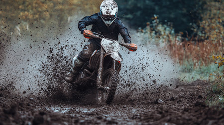 Intense action shot of a motorcross rider speeding through a muddy track, dirt flying everywhere. The rider is wearing a helmet and protective gear, captured in dynamic motion.の素材