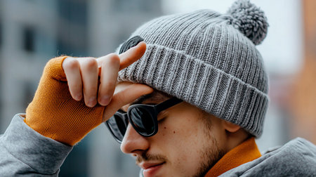 Close-up portrait of a young man in a gray knitted beanie and black sunglasses, hand adjusting the hat, with a blurred urban background, creating a thoughtful mood.の素材