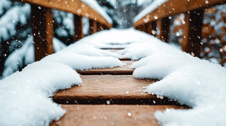 Low-angle shot of a wooden bridge covered in fresh snow during a snowfall. The focus is on the texture of the wood and the soft, white snow, creating a serene winter scene.の素材