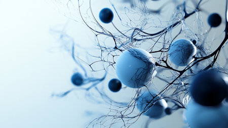 Abstract visualization of blue spheres connected by intricate, dark veins against a light background. Evokes science, technology, and conceptual art with a modern, clean aesthetic.の素材