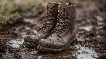 Close-up of brown leather boots, heavily covered in mud, resting in a muddy puddle. The boots show signs of wear and tear, suggesting outdoor adventures.の素材