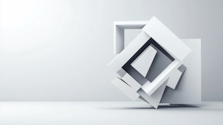 Abstract composition featuring interlocking white cubes against a light background, creating a sense of depth and geometric complexity with subtle shadows and clean lines.の素材