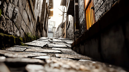 Low-angle shot of a narrow alleyway featuring a cobblestone path, flanked by weathered stone buildings, with warm light emanating from a window, creating a sense of depth and mystery.の素材