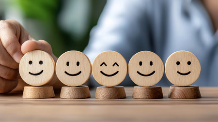 Hand selecting a happy wooden smiley face, representing positive feedback, customer satisfaction, and emotional well-being. The arrangement conveys a sense of optimism and contentment.の素材