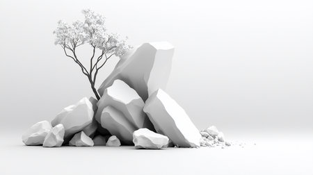 A minimalist, monochrome landscape featuring a tree with white blossoms nestled beside a pile of jagged white rocks and crumbling stone, set against a clean, white background.の素材