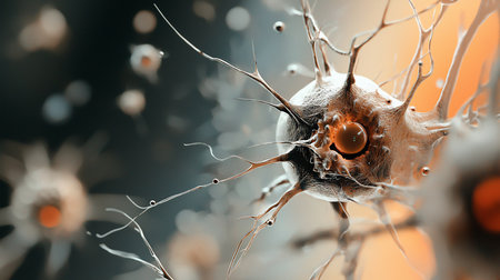 Detailed macro view of a neuron cell body, showcasing intricate dendrites, axon hillock, and synaptic connections against a blurred background, emphasizing neural network complexity.の素材
