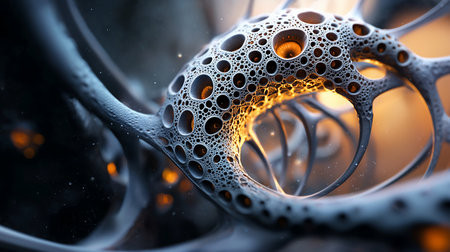 Abstract close-up of a porous, cellular structure with intricate interconnected networks. The interior glows with warm, golden light, contrasting with the cool, gray exterior.の素材
