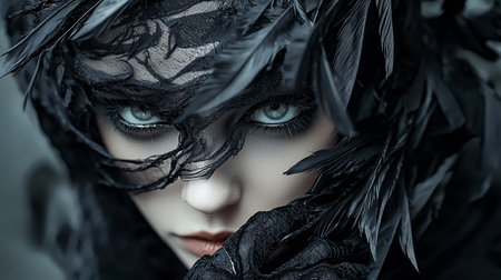 Close-up portrait of a woman with striking eyes, adorned with black feathers and lace, creating a mysterious and alluring atmosphere. Dramatic lighting enhances the ethereal beauty.の素材