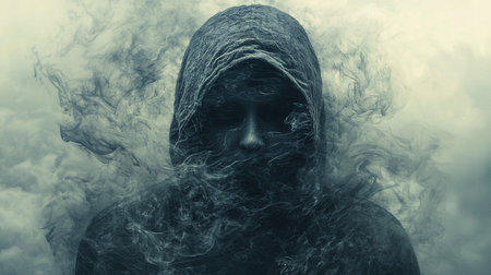 A hooded figure emerges from swirling smoke, creating a mysterious and ethereal atmosphere. The dark cloak and obscured face evoke a sense of intrigue and foreboding.の素材