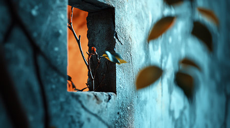 A branch with leaves grows through a stone window, bathed in warm light. The surrounding wall is textured and painted in cool blue tones, creating a contrast.の素材