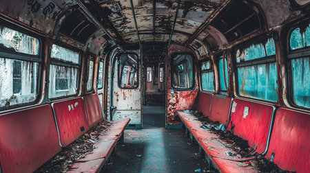 Interior of a decaying subway car, featuring rusted metal, red seats covered in debris, and broken windows, conveying a sense of urban decay and abandonment.の素材