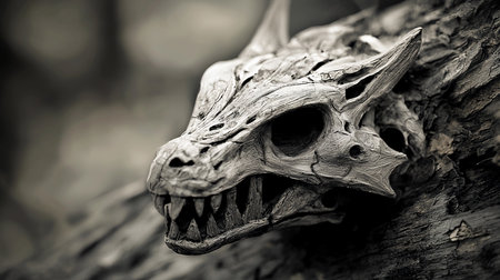 Detailed monochrome image of a dragon skull carving, resting on a weathered wooden surface. The carving showcases intricate details and sharp teeth, set against a blurred background.の素材