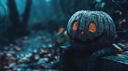 A spooky, weathered jack-o'-lantern with glowing eyes sits on a wooden surface in a dark, misty forest, evoking a Halloween mood with its eerie atmosphere.の素材