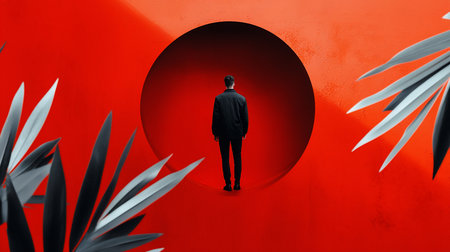 A man stands before a large, circular opening in a vibrant red wall, framed by stylized, gray-toned foliage. The scene evokes a sense of mystery and contemplation.の素材