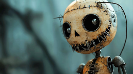 Close-up of a creepy doll head with stitches, metal accents, and large, dark eyes, set against a blurred, muted background, creating a haunting and unsettling atmosphere.の素材