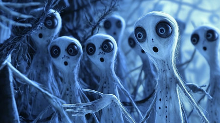 A group of pale, slender figures with large eyes and shocked expressions stand in a blue-toned forest, creating an eerie and unsettling atmosphere.の素材