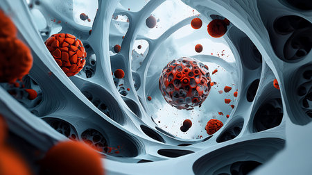 An abstract, surreal image depicting red spheres floating within a network of bone-like structures, creating a microscopic or otherworldly scene. The composition is dynamic and visually striking.の素材