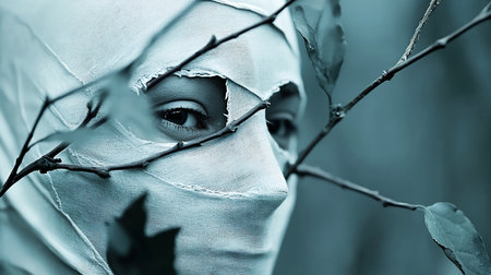 A close-up portrait of a person with a bandaged face, their gaze piercing through the fabric. A branch with leaves partially obscures the view, adding to the eerie, mysterious mood.の素材