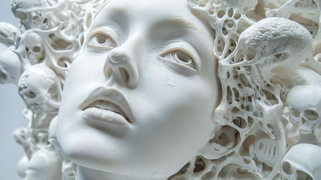 Close-up of a white sculpture featuring a woman's face interwoven with skulls and organic, web-like structures. The piece evokes themes of mortality, beauty, and the fragility of life.の素材