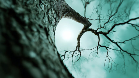 A low-angle shot captures a tree's silhouette against a pale, overcast sky. The bark texture is emphasized, with bare branches reaching upwards in a teal-toned, moody atmosphere.の素材