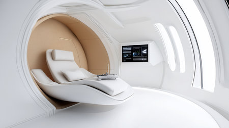A futuristic, all-white relaxation pod features a sleek lounge chair, integrated technology, and soft ambient lighting, creating a serene and modern space for rest and rejuvenation.の素材