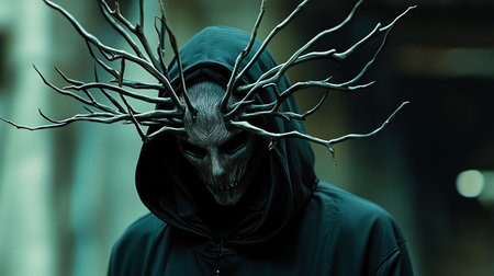 A hooded figure wearing a mask resembling wood grain and adorned with branches, evokes a sense of mystery and dread. The dark, muted tones enhance the eerie atmosphere.の素材